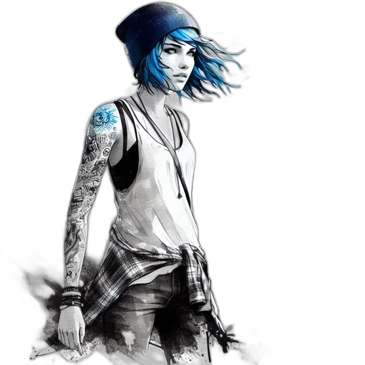 fantasy art, photorealistic, comic book art, concept art, blue, woman, hair, stands transparent PNG cut-out