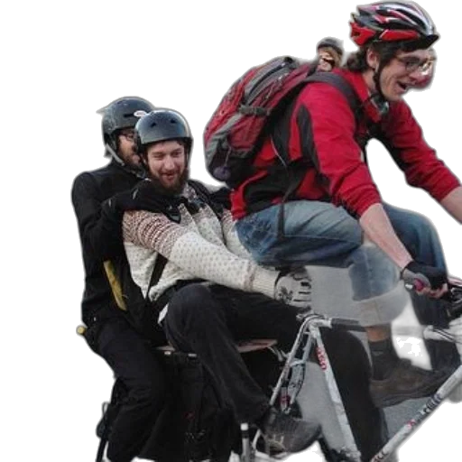 three, people, bicycles, one, person, being, lifted, onto transparent PNG cut-out
