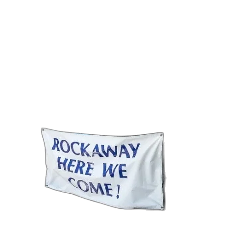 group, men, stand, train, banner, says, rockaway, here transparent PNG cut-out