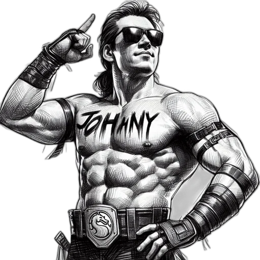 comic book art, cartoon, cyberpunk, concept art, muscular, man, word, johnny transparent PNG cut-out