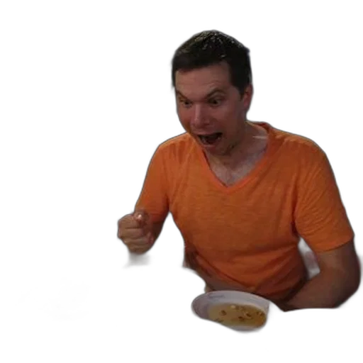 food, creature, 3d render, man, orange, shirt, sitting, table transparent PNG cut-out