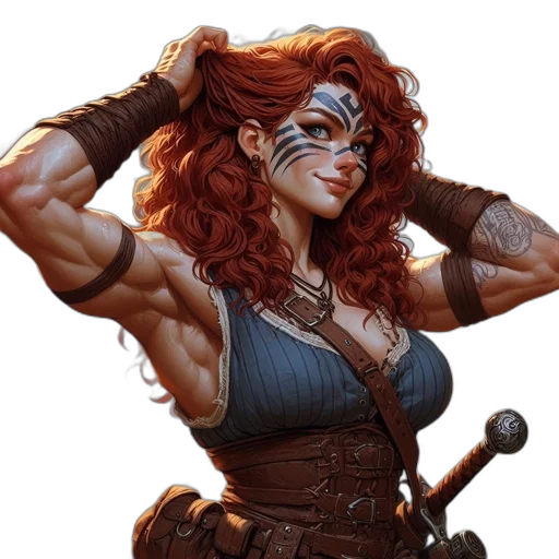 fantasy art, comic book art, concept art, photorealistic, fierce, woman, red, curly transparent PNG cut-out