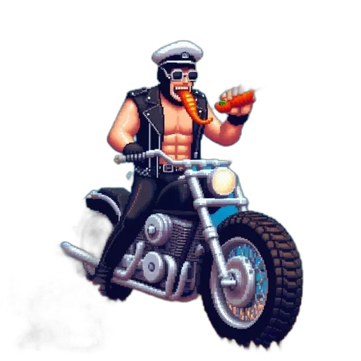 pixel art, concept art, comic book art, fantasy art, man, motorcycle, holding, carrot transparent PNG cut-out