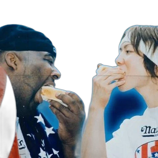 photorealistic, two, individuals, eating, hot, dogs, front, blue transparent PNG cut-out