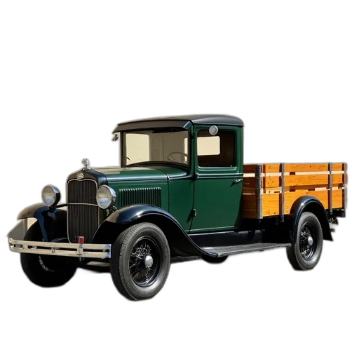 car, 3d render, vintage, pickup, truck, wooden, flatbed, parked transparent PNG cut-out