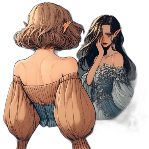 dress, hair, concept art, watercolor, fantasy art, cartoon, earth tones, two transparent PNG cut-out
