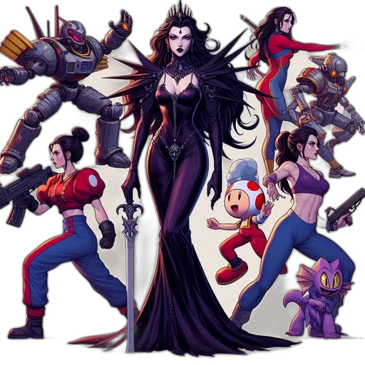 comic book art, concept art, pixel art, fantasy art, dark, mixed, cast, animated transparent PNG cut-out