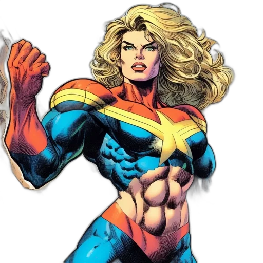 comic book art, concept art, female, superhero, red, blue, suit, sporting transparent PNG cut-out