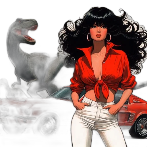 car, concept art, comic book art, fantasy art, photorealistic, red, woman, stands transparent PNG cut-out