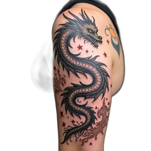 dragon, fantasy art, photorealistic, concept art, detailed, tattoo, person, arm transparent PNG cut-out