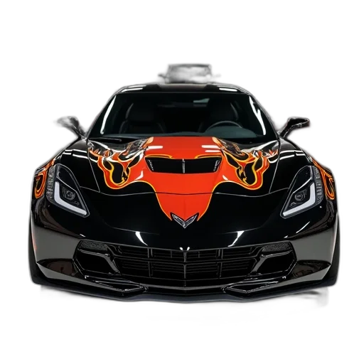 car, 3d render, photorealistic, black, sports, flame, design, hood transparent PNG cut-out