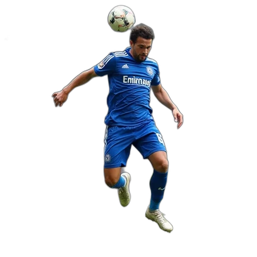 soccer, player, blue, white, uniform, leaping, air, head transparent PNG cut-out
