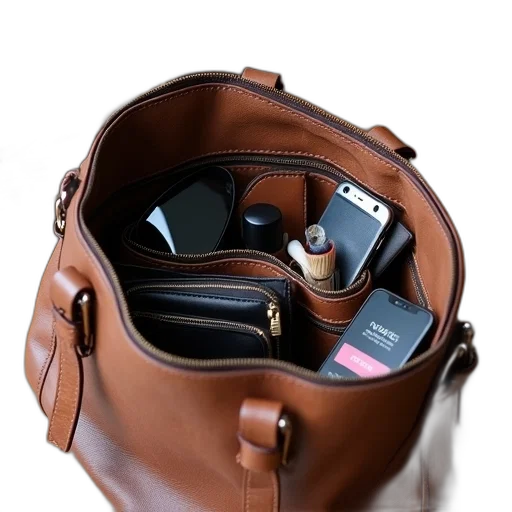 jacket, brown, leather, handbag, open, displaying, contents, wooden transparent PNG cut-out