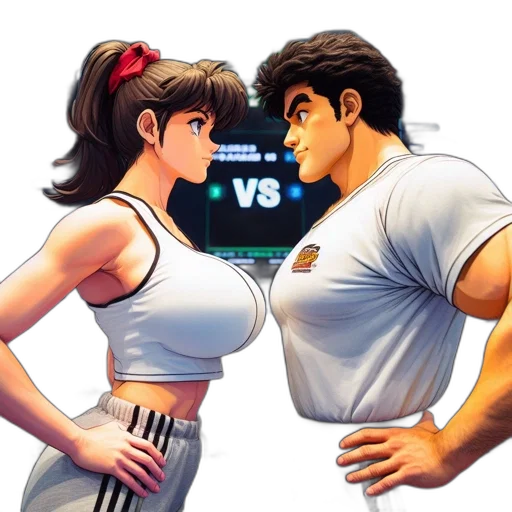 concept art, pixel art, comic book art, anime, two, animated, characters, one transparent PNG cut-out