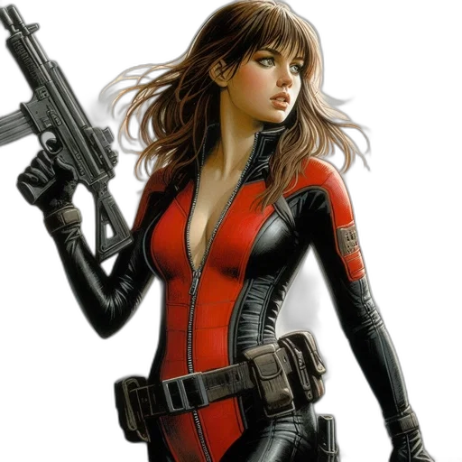 weapon, comic book art, concept art, cartoon, photorealistic, red, woman, black transparent PNG cut-out