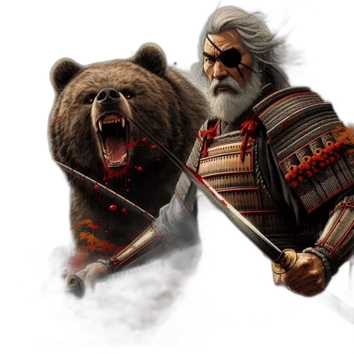 concept art, fantasy art, pixel art, photorealistic, elderly, samurai, warrior, bearing transparent PNG cut-out