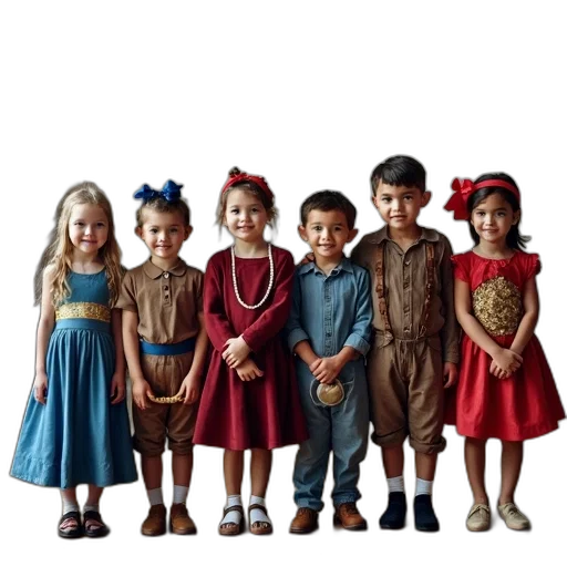 dress, crown, shoes, staff, group, children, dressed, costumes transparent PNG cut-out