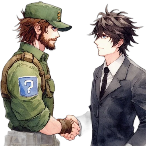 anime, pixel art, concept art, watercolor, earth tones, green, two, characters transparent PNG cut-out
