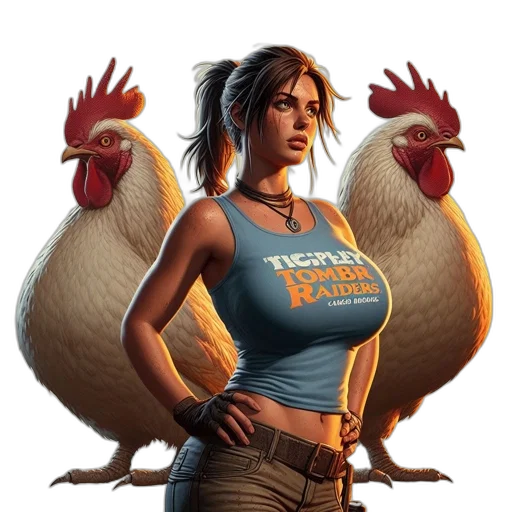 concept art, comic book art, pixel art, photorealistic, tomb, raider-clad, woman, stands transparent PNG cut-out