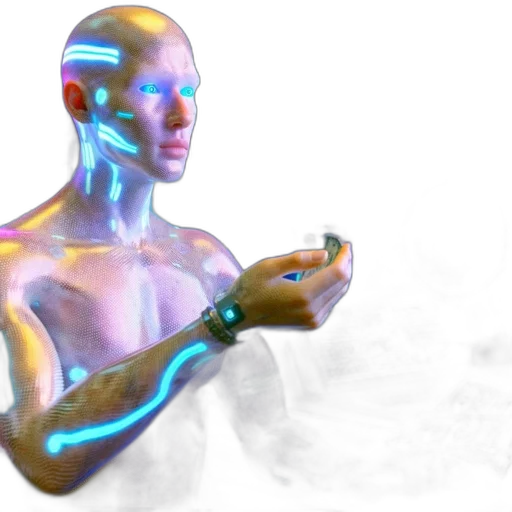 robot, jewelry, cyberpunk, vaporwave, concept art, 3d render, neon lights, humanoid transparent PNG cut-out