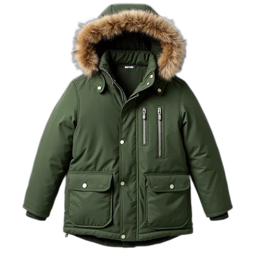 jacket, green, winter, fur-lined, hood, displayed, against, white transparent PNG cut-out