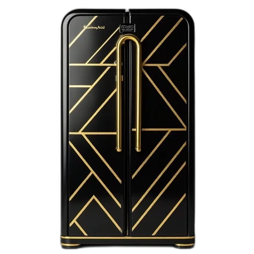 retro-style, refrigerator, black, gold, geometric, pattern, door, featuring transparent PNG cut-out