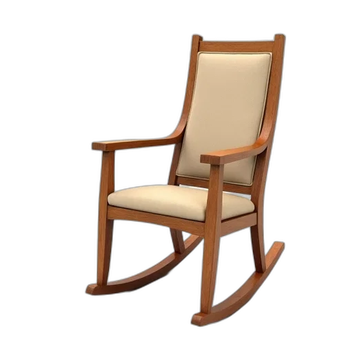 furniture, 3d render, photorealistic, wooden, rocking, chair, beige, cushioned transparent PNG cut-out