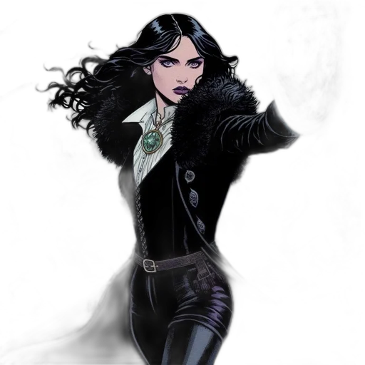 comic book art, concept art, fantasy art, cartoon, dark, woman, long, black transparent PNG cut-out