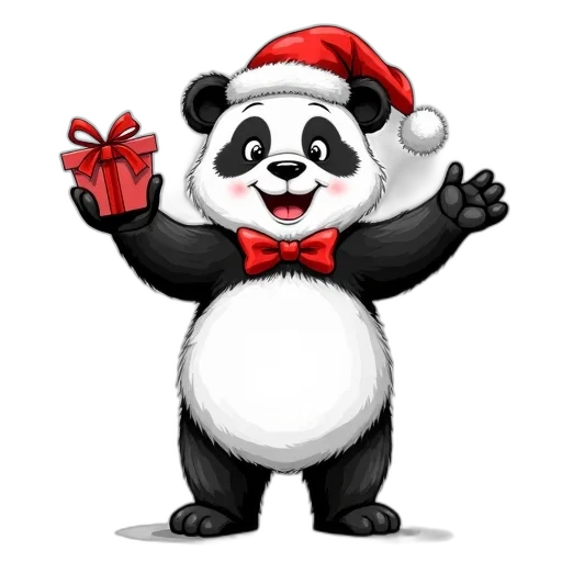 cartoon, black, white, drawing, panda, bear, red, bow transparent PNG cut-out