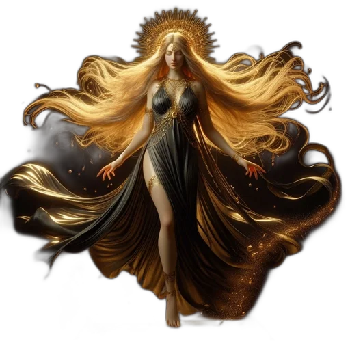 dress, hair, fantasy art, concept art, photorealistic, pixel art, golden, dark transparent PNG cut-out