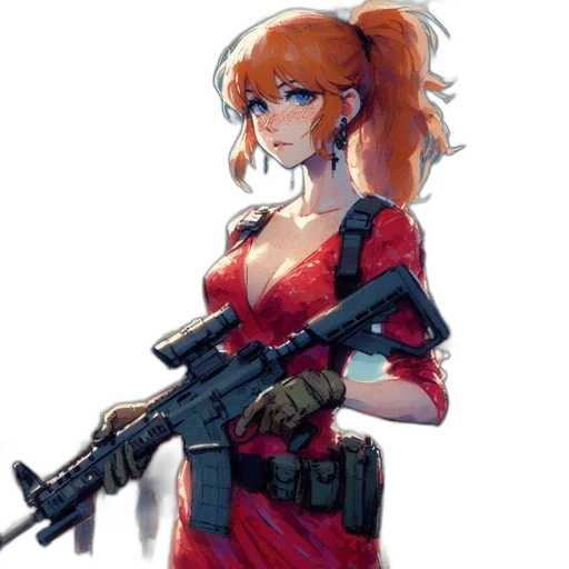 weapon, dress, concept art, anime, pixel art, cyberpunk, red, red-haired transparent PNG cut-out