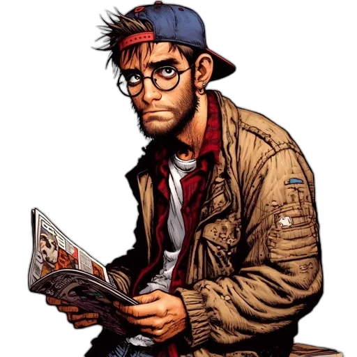 jacket, comic book art, concept art, cartoon, photorealistic, man, beard, glasses transparent PNG cut-out