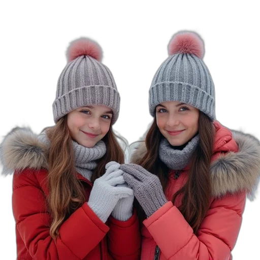 hat, jacket, photorealistic, 3d render, snow, red, two, girls transparent PNG cut-out