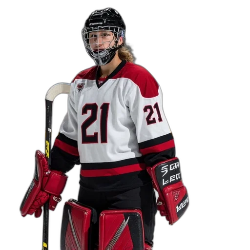 jacket, female, hockey, goalie, standing, goal, crease, wearing transparent PNG cut-out