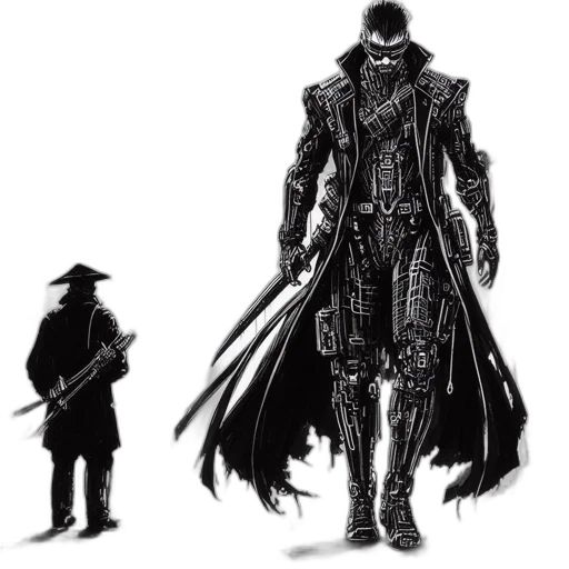 sword, weapon, jacket, concept art, fantasy art, comic book art, pixel art, monochrome transparent PNG cut-out