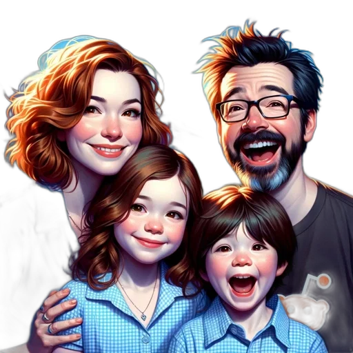 photorealistic, cartoon, concept art, comic book art, digital, artwork, smiling, family transparent PNG cut-out