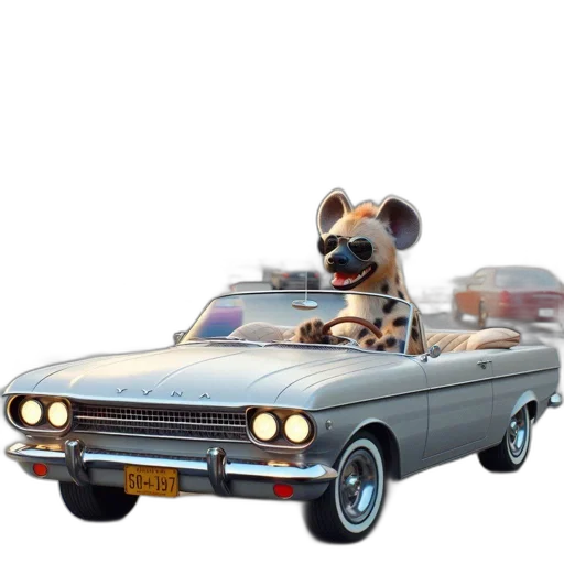 car, animal, concept art, 3d render, photorealistic, cartoon, joyful, hyena transparent PNG cut-out