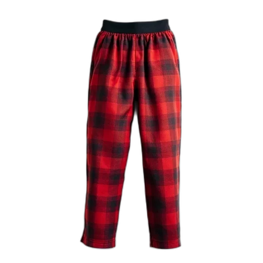 red, pair, plaid, pants, black, waistband, displayed, against transparent PNG cut-out