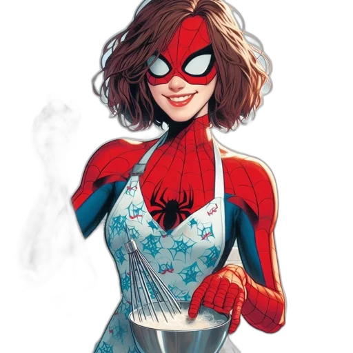 comic book art, concept art, cartoon, red, brightly, lit, kitchen, woman transparent PNG cut-out