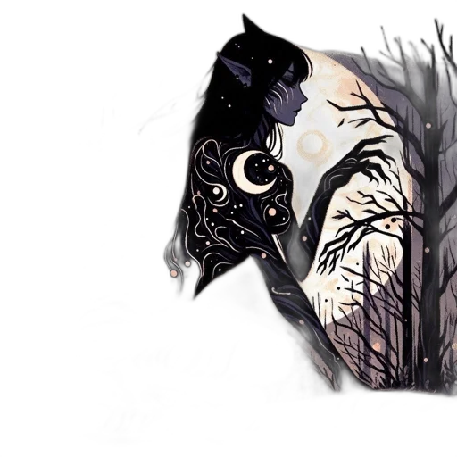 concept art, fantasy art, comic book art, watercolor, forest, night, dark, monochrome transparent PNG cut-out