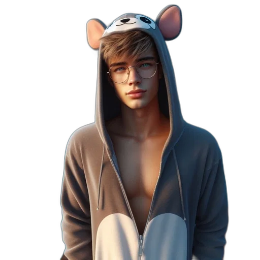 animal, 3d render, concept art, photorealistic, man, hoodie, mouse, ears transparent PNG cut-out