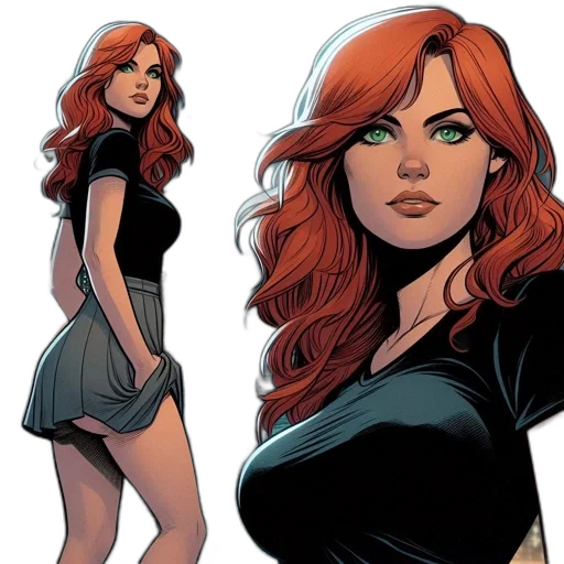 comic book art, concept art, cartoon, female, character, red, hair, green transparent PNG cut-out