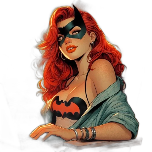comic book art, concept art, fantasy art, cartoon, woman, red, hair, batman-like transparent PNG cut-out