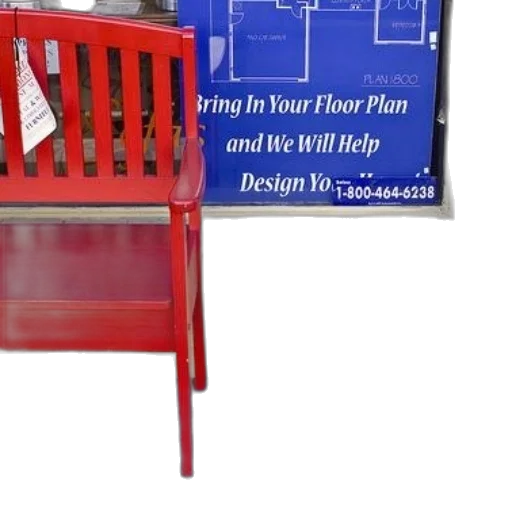 furniture, staff, red, bench, sits, front, window, sign transparent PNG cut-out