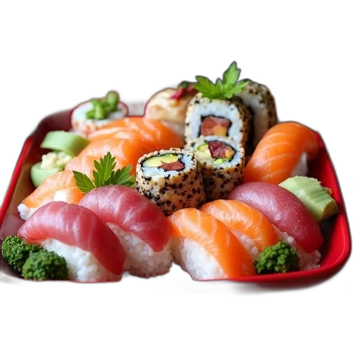 food, photorealistic, 3d render, plate, assorted, sushi, sashimi, displayed transparent PNG cut-out