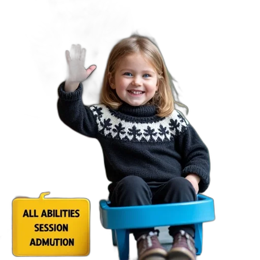 young, girl, joyful, expression, sitting, blue, sled, waving transparent PNG cut-out