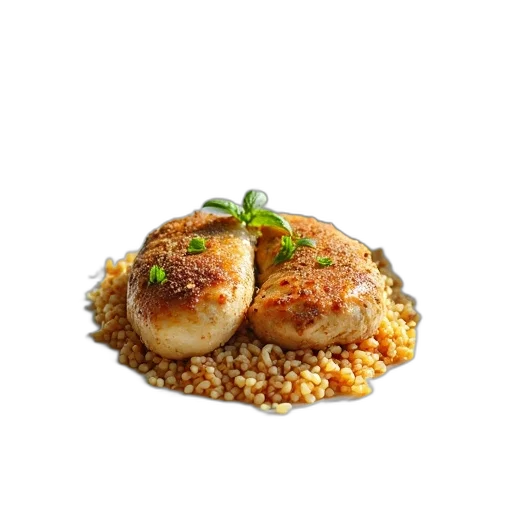 food, photorealistic, 3d render, plate, chicken, rice, placed, marble transparent PNG cut-out