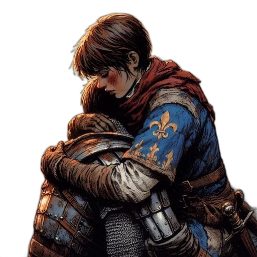 fantasy art, concept art, comic book art, knight, warrior, embraces, another, somber transparent PNG cut-out