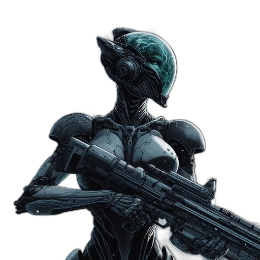 robot, weapon, concept art, comic book art, cyberpunk, pixel art, outer space, green transparent PNG cut-out