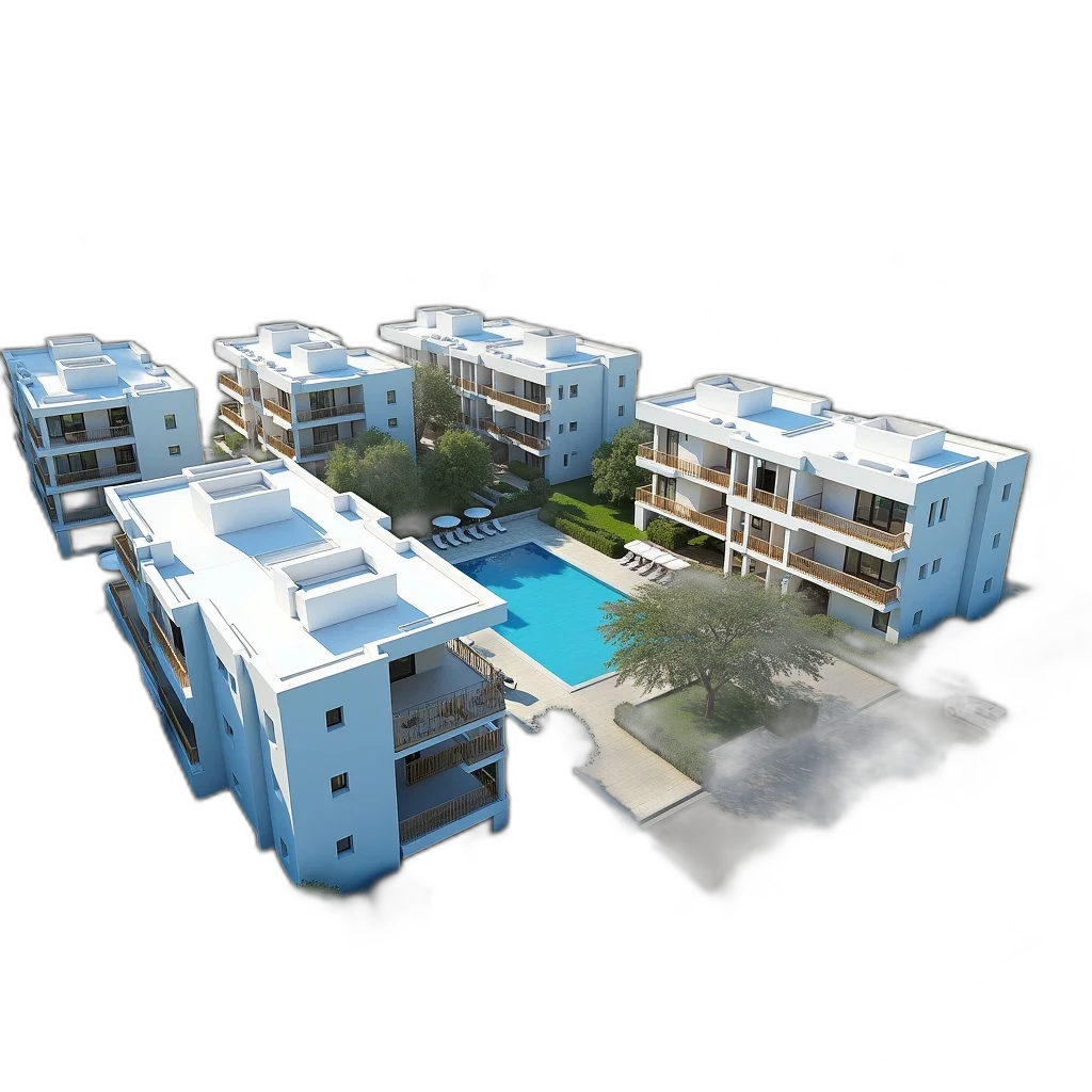 building, 3d render, photorealistic, concept art, aerial, view, modern, residential transparent PNG cut-out